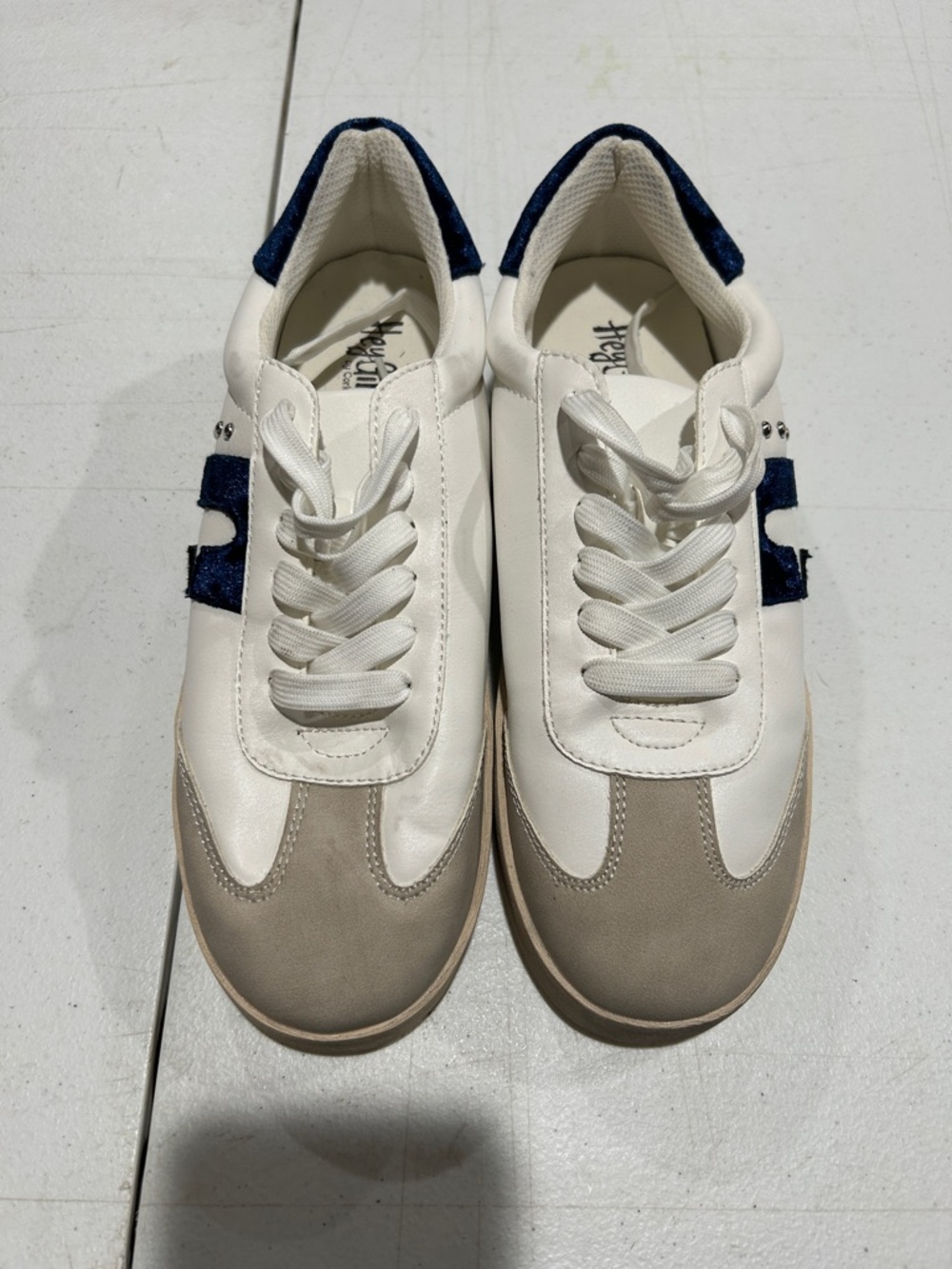Corkys White Sneakers with Gray Toe and Navy Heel Detail